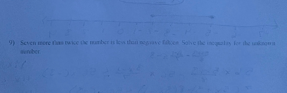 Seven more than twice the number is less than negative fifteen. Solve the inequality for the unknown 
number.