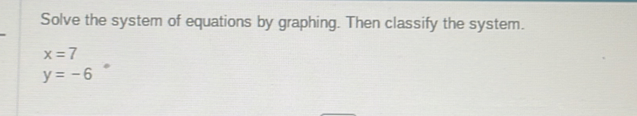 Solve the system of equations by graphing. Then classify the system.
x=7
y=-6