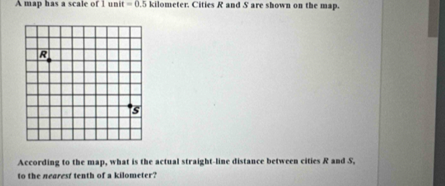 A map has a scale of 1unit =0.5 k ilometer. Cities R and S are shown on the map. 
According to the map, what is the actual straight-line distance between cities R and S, 
to the nearest tenth of a kilometer?