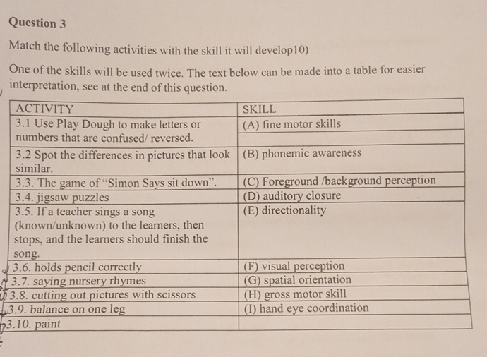 Match the following activities with the skill it will develop10)
One of the skills will be used twice. The text below can be made into a table for easier
interpretation, see at the end of this question.
3
3
3
3