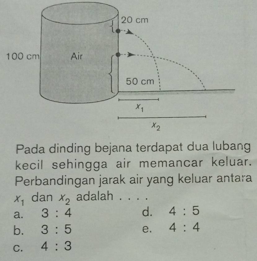 Pada dinding bejana terdapat dua lubang
kecil sehingga air memancar keluar.
Perbandingan jarak air yang keluar antara
X_1 dan X_2 adalah .
a. 3:4
d. 4:5
b. 3:5 e. 4:4
C. 4:3