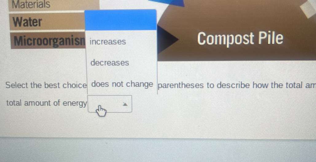 Materials 
Water 
Microorganisn increases Compost Pile 
decreases 
Select the best choice does not change parentheses to describe how the total am 
total amount of energy