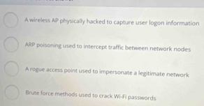 A wireless AP physically hacked to capture user logon information
ARP poisoning used to intercept traffic between network nodes
A rogue access point used to impersonate a legitimate network
Brute force methods used to crack Wi-Fi passwords