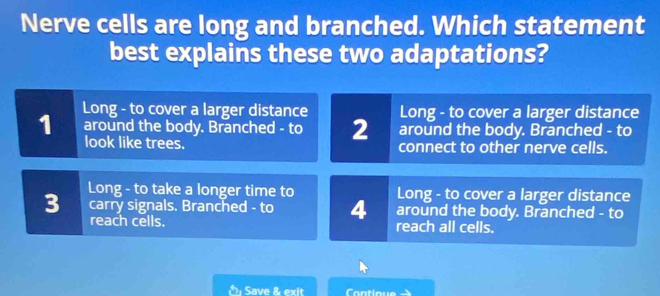 Nerve cells are long and branched. Which statement
best explains these two adaptations?
Long - to cover a larger distance Long - to cover a larger distance
around the body. Branched - to
1 around the body. Branched - to 2 connect to other nerve cells.
look like trees.
Long - to take a longer time to
3 carry signals. Branched - to 4 Long - to cover a larger distance
around the body. Branched - to
reach cells. reach all cells.
Save & exit