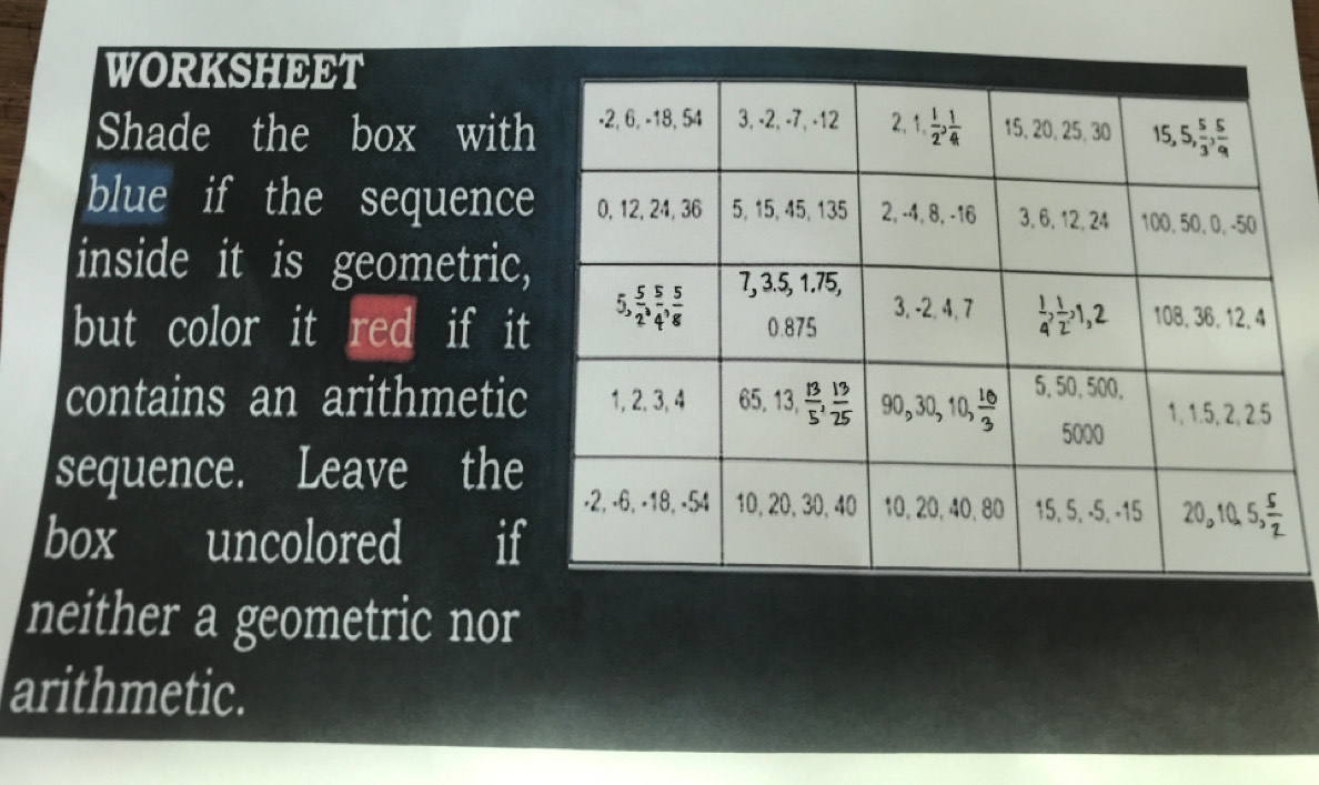 WORKSHEET
Shade the box with
blue if the sequence
inside it is geometric
but color it red if it
contains an arithmetic
sequence. Leave the
box uncolored if
neither a geometric nor
arithmetic.