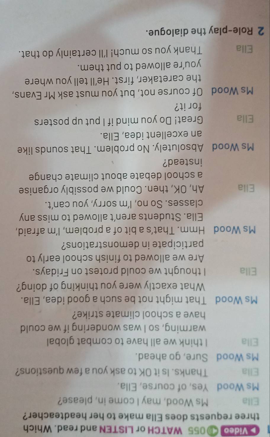 Video 055 WATCH or LISTEN and read. Which 
three requests does Ella make to her headteacher? 
Ella Ms Wood, may I come in, please? 
Ms Wood Yes, of course, Ella. 
Ella Thanks. Is it OK to ask you a few questions? 
Ms Wood Sure, go ahead. 
Ella I think we all have to combat global 
warming, so I was wondering if we could 
have a school climate strike? 
Ms Wood That might not be such a good idea, Ella. 
What exactly were you thinking of doing? 
Ella I thought we could protest on Fridays. 
Are we allowed to finish school early to 
participate in demonstrations? 
Ms Wood Hmm. That’s a bit of a problem, I’m afraid, 
Ella. Students aren’t allowed to miss any 
classes. So no, I’m sorry, you can’t. 
Ella Ah, OK, then. Could we possibly organise 
a school debate about climate change 
instead? 
Ms Wood Absolutely. No problem. That sounds like 
an excellent idea, Ella. 
Ella Great! Do you mind if I put up posters 
for it? 
Ms Wood Of course not, but you must ask Mr Evans, 
the caretaker, first. He’ll tell you where 
you’re allowed to put them. 
Ella Thank you so much! I'll certainly do that. 
2 Role-play the dialogue.