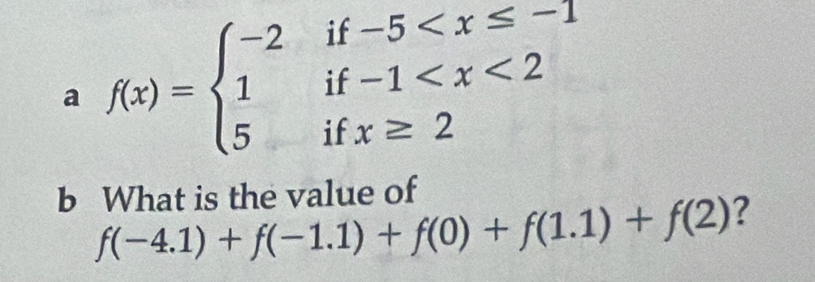 a f(x)=beginarrayl -2if-5
b What is the value of
f(-4.1)+f(-1.1)+f(0)+f(1.1)+f(2) ?