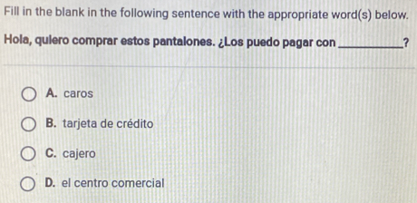 Fill in the blank in the following sentence with the appropriate word(s) below.
Hola, quiero comprar estos pantalones. ¿Los puedo pagar con _?
A. caros
B. tarjeta de crédito
C. cajero
D. el centro comercial