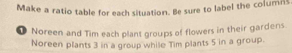 Make a ratio table for each situation. Be sure to label the columns 
① Noreen and Tim each plant groups of flowers in their gardens. 
Noreen plants 3 in a group while Tim plants 5 in a group.