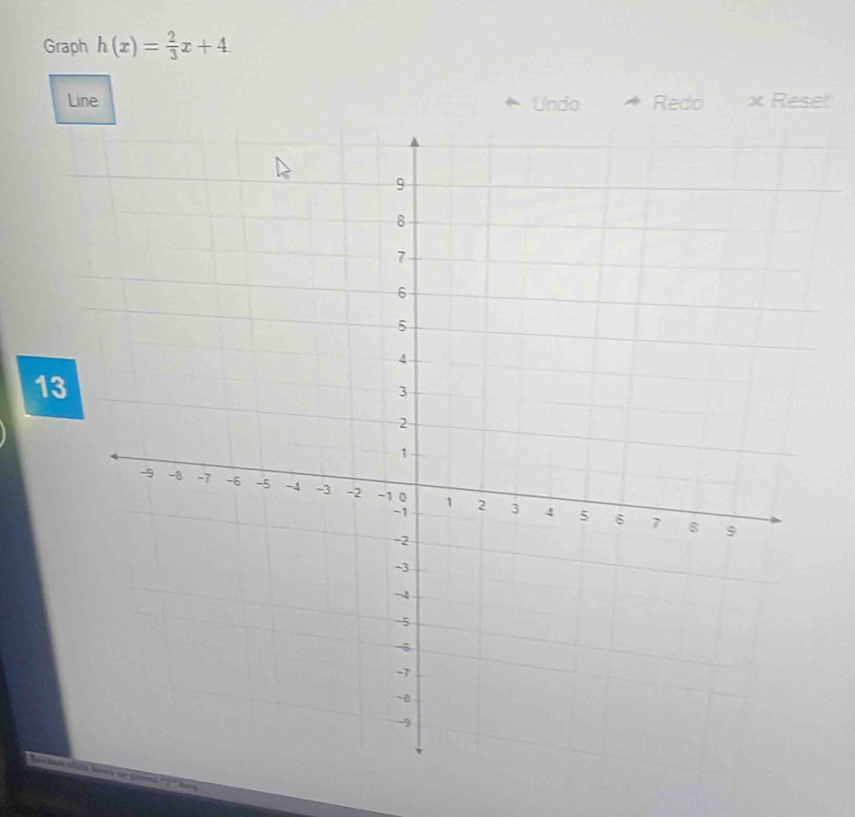 Graph h(x)= 2/3 x+4
Line Undo Redo x Reset
1