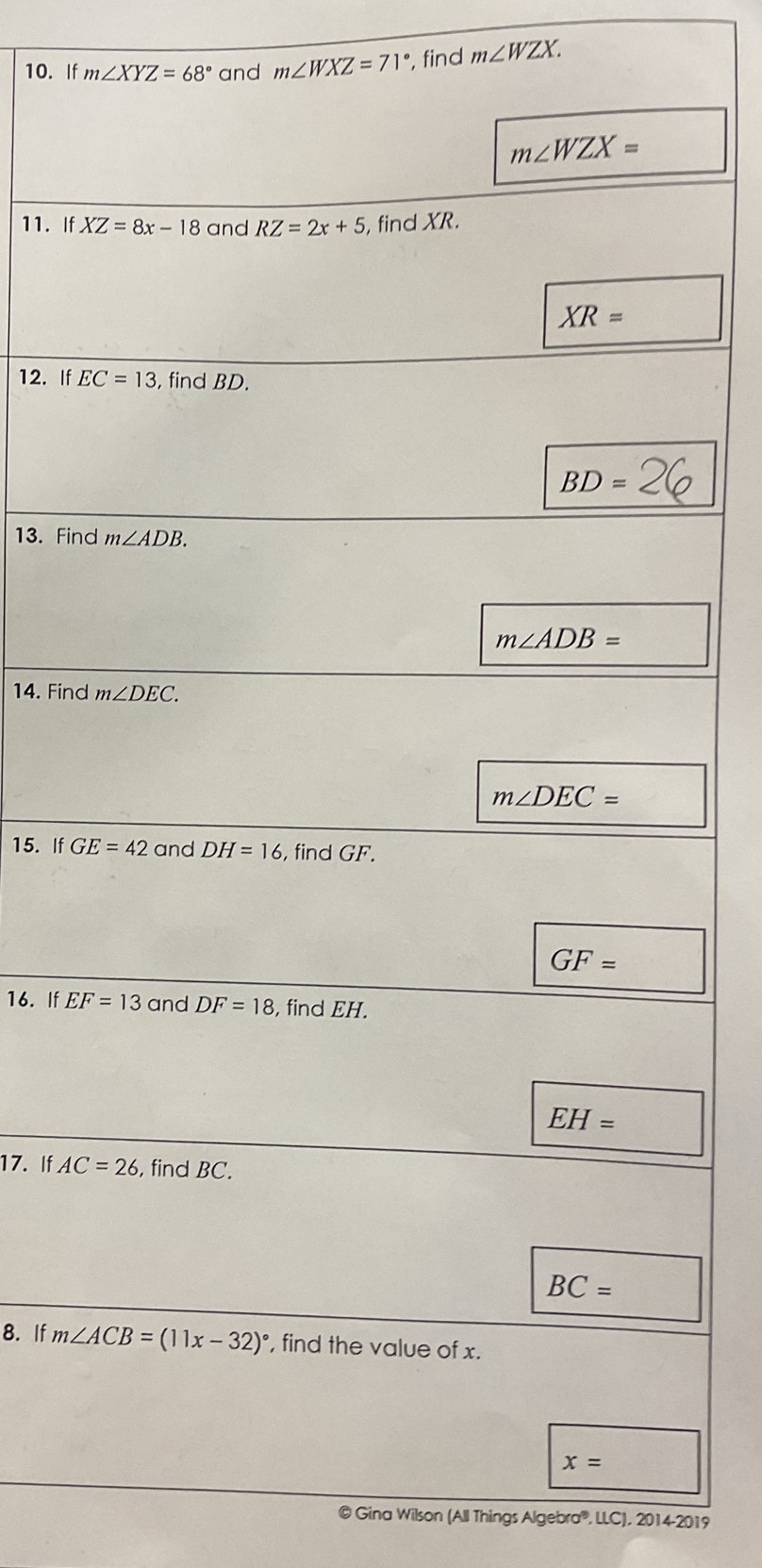 If m∠ XYZ=68° and m∠ WXZ=71° , find m∠ WZX.
11. If 
12. If 
13. Fi
14. Fin
15. 
16. If 
17. If 
8. If 
© Gina Wilson (All Things Algebra®, l [LC],20142019
