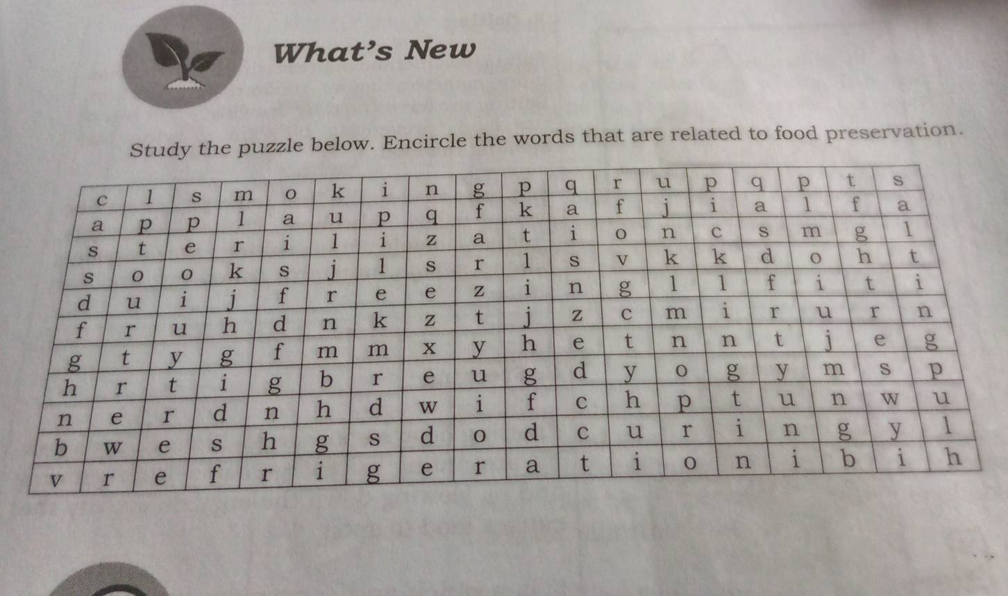 What’s New 
dy the puzzle below. Encircle the words that are related to food preservation.