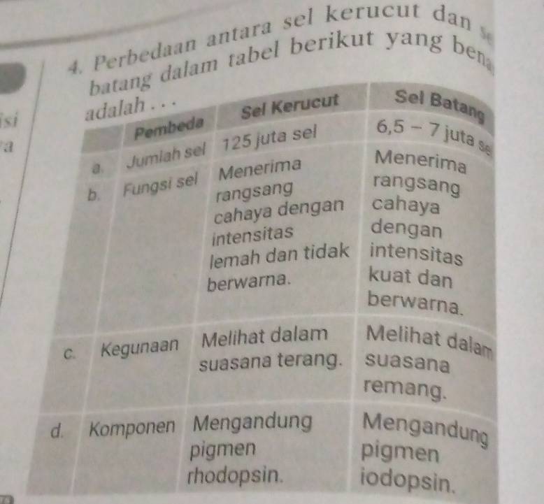 Perbedaan antara sel kerucut dan 
m tabel berikut yang ben 
sí 
a 
psin.