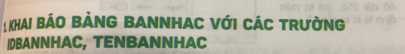 Khai Báo bảng Bannhac với các trường 
IDBANNHAC, TENBANNHAC