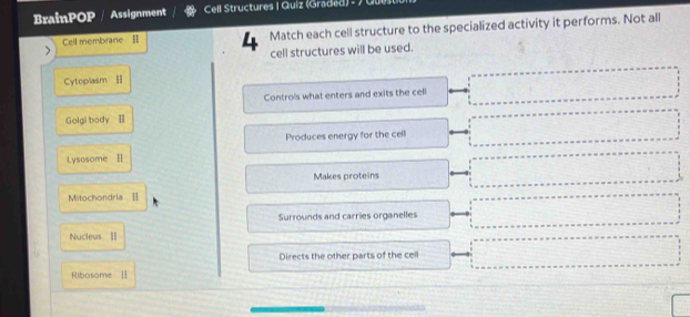 Solved: BrainPOP / Assignment Cell Structures | Quiz (Graded) - / Gu ...