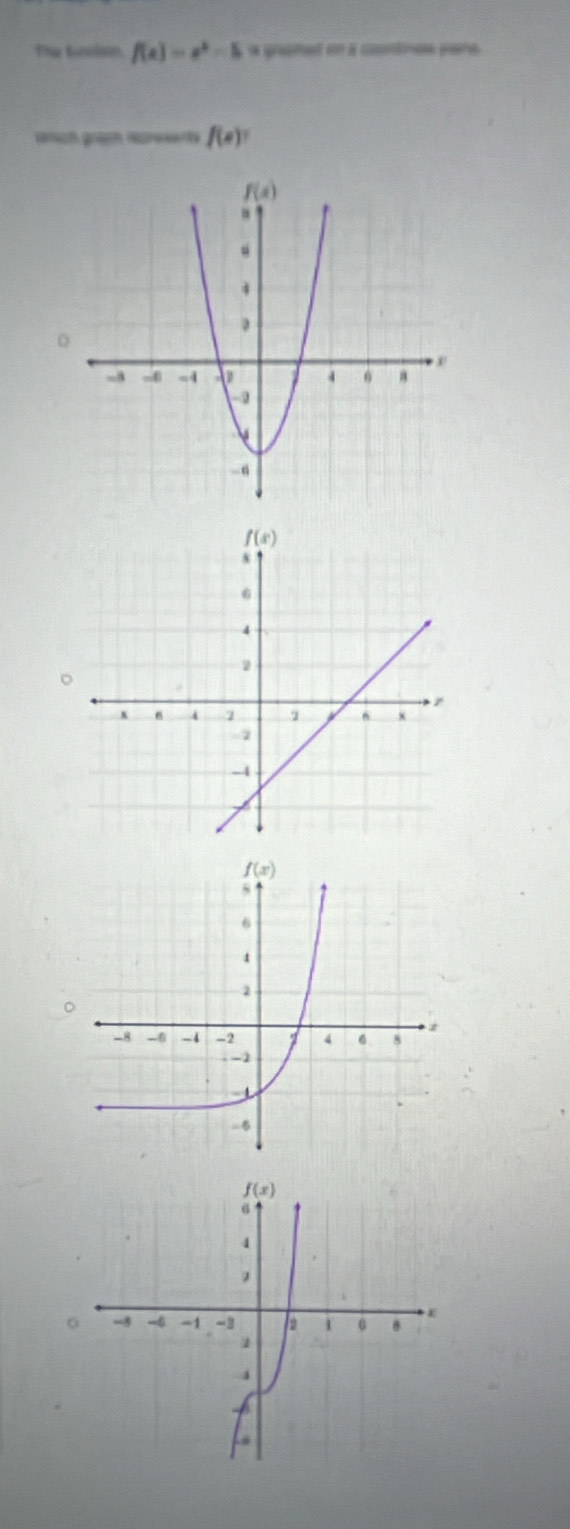 The Gooton f(x)=e^x-5 a graphet en à contnes pare
srich graph represents f(e)
o
。
。