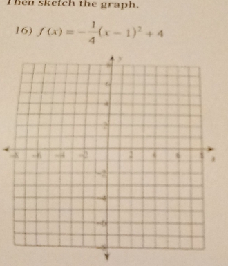 Then sketch the graph. 
16) f(x)=- 1/4 (x-1)^2+4