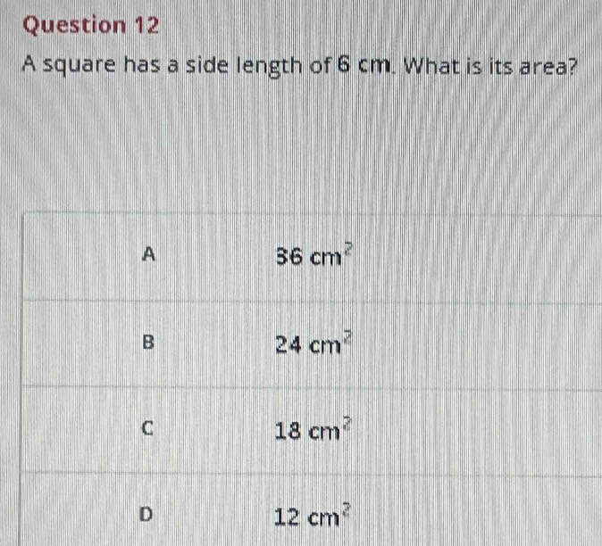 A square has a side length of 6 cm. What is its area?