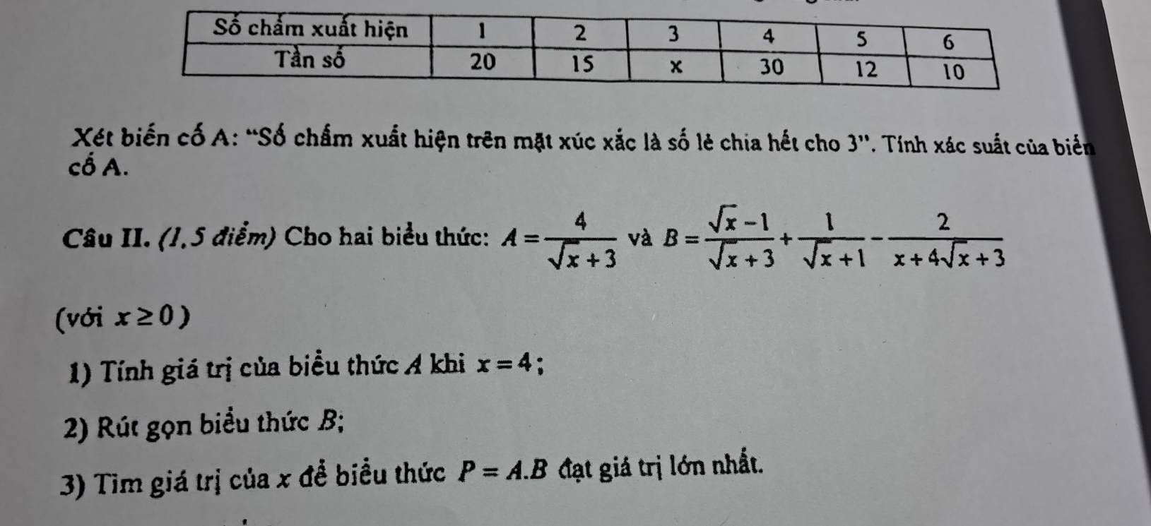 Xét biến cố A: “Số chẩm xuất hiện trên mặt xúc xắc là số lẻ chia hết cho 3 ''. Tính xác suất của biển 
cố A. 
Câu II. (1,5 điểm) Cho hai biểu thức: A= 4/sqrt(x)+3  và B= (sqrt(x)-1)/sqrt(x)+3 + 1/sqrt(x)+1 - 2/x+4sqrt(x)+3 
(với x≥ 0)
1) Tính giá trị của biểu thức A khi x=4 : 
2) Rút gọn biểu thức B; 
3) Tim giá trị của x đề biểu thức P=A.B đạt giá trị lớn nhất.