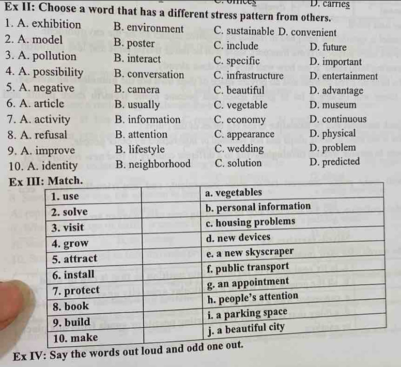 onces D. carries
Ex II: Choose a word that has a different stress pattern from others.
1. A. exhibition B. environment C. sustainable D. convenient
2. A. model B. poster C. include D. future
3. A. pollution B. interact C. specific D. important
4. A. possibility B. conversation C. infrastructure D. entertainment
5. A. negative B. camera C. beautiful D. advantage
6. A. article B. usually C. vegetable D. museum
7. A. activity B. information C. economy D. continuous
8. A. refusal B. attention C. appearance D. physical
9. A. improve B. lifestyle C. wedding D. problem
10. A. identity B. neighborhood C. solution D. predicted
Ex
Ex IV: Say the words o