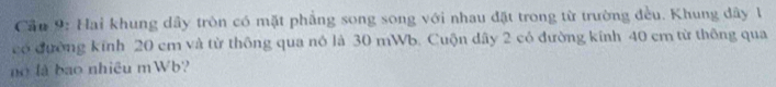 Cầu 9: Hai khung dây tròn có mặt phẳng song song với nhau đặt trong từ trường đều. Khung dây 1 
có đường kính 20 cm và từ thông qua nó là 30 mWb. Cuộn dây 2 có đường kính 40 cm từ thông qua 
no là bao nhiều mWb?