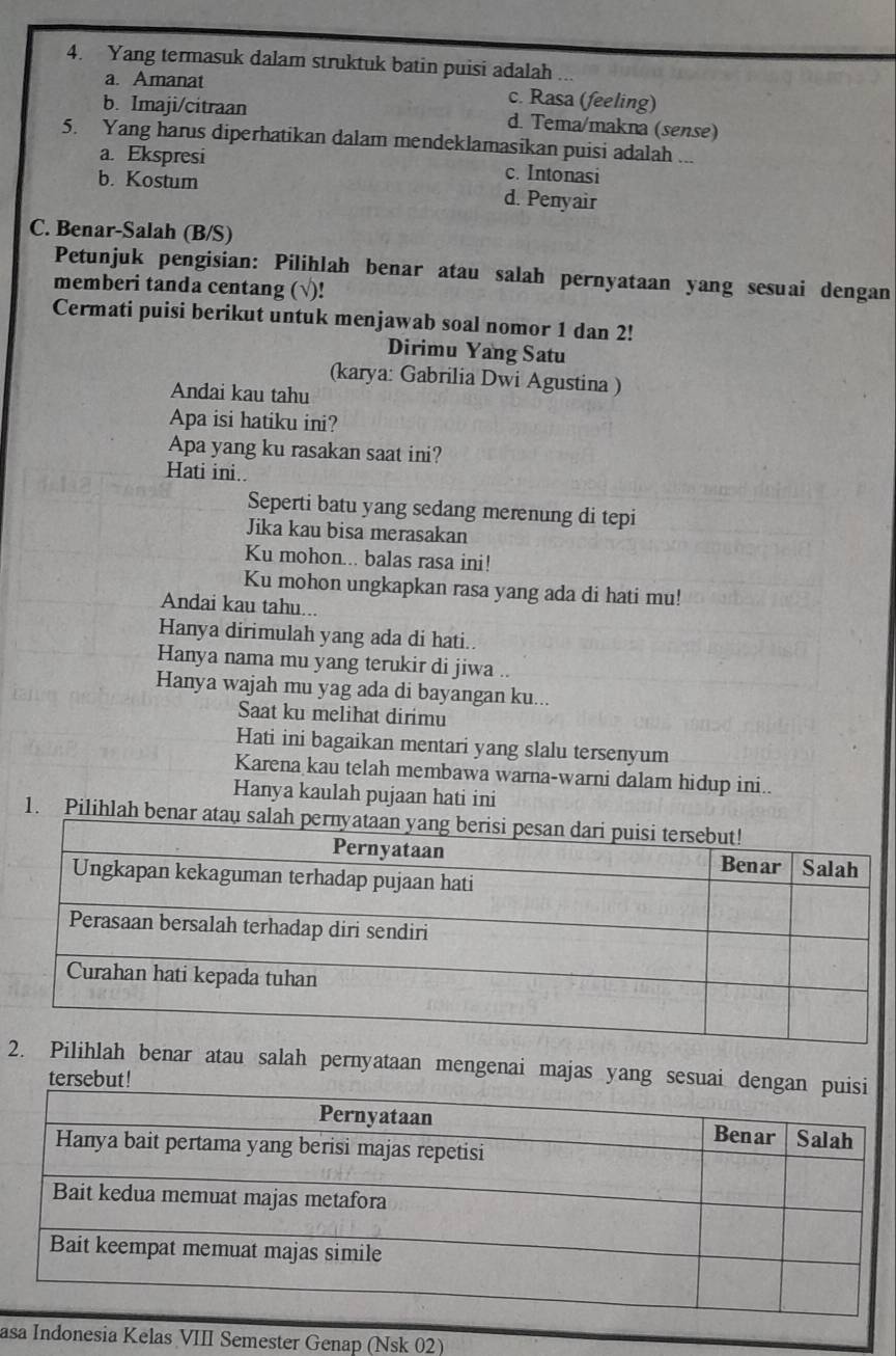 Yang termasuk dalam struktuk batin puisi adalah
a. Amanat c. Rasa (feeling)
b. Imaji/citraan d. Tema/makna (sense)
5. Yang harus diperhatikan dalam mendeklamasikan puisi adalah ...
a. Ekspresi c. Intonasi
b. Kostum d. Penyair
C. Benar-Salah (B/S)
Petunjuk pengisian: Pilihlah benar atau salah pernyataan yang sesuai dengan
memberi tanda centang (√)!
Cermati puisi berikut untuk menjawab soal nomor 1 dan 2!
Dirimu Yang Satu
(karya: Gabrilia Dwi Agustina )
Andai kau tahu
Apa isi hatiku ini?
Apa yang ku rasakan saat ini?
Hati ini..
Seperti batu yang sedang merenung di tepi
Jika kau bisa merasakan
Ku mohon... balas rasa ini!
Ku mohon ungkapkan rasa yang ada di hati mu!
Andai kau tahu...
Hanya dirimulah yang ada di hati..
Hanya nama mu yang terukir di jiwa ..
Hanya wajah mu yag ada di bayangan ku...
Saat ku melihat dirimu
Hati ini bagaikan mentari yang slalu tersenyum
Karena kau telah membawa warna-warni dalam hidup ini..
Hanya kaulah pujaan hati ini
1. Pilihlah benar atau
2lah benar atau salah pernyataan mengenai majas yang se
te
aas VIII Semester Genap (Nsk 02)