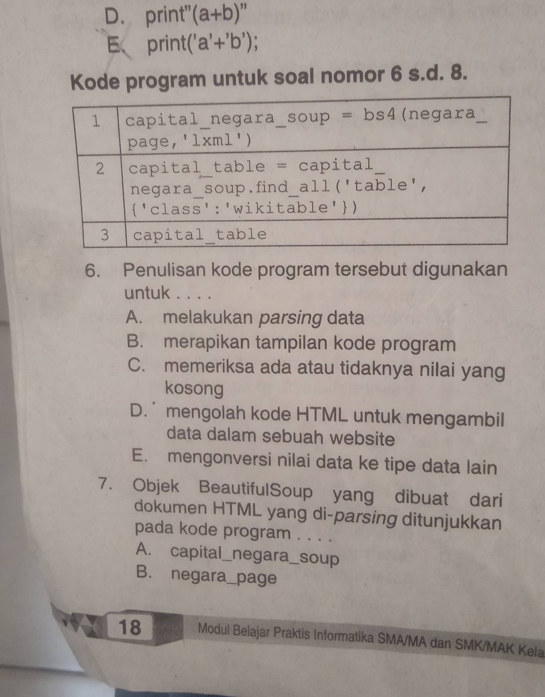 D. print' (a+b)''
E print ('a'+'b')
Kode program untuk soal nomor 6 s.d. 8.
6. Penulisan kode program tersebut digunakan
untuk . . . .
A. melakukan parsing data
B. merapikan tampilan kode program
C. memeriksa ada atau tidaknya nilai yang
kosong
D. mengolah kode HTML untuk mengambil
data dalam sebuah website
E. mengonversi nilai data ke tipe data lain
7. Objek BeautifulSoup yang dibuat dari
dokumen HTML yang di-parsing ditunjukkan
pada kode program . . . .
A. capital_negara_soup
B. negara_page
18
Modul Belajar Praktis Informatika SMA/MA dan SMK/MAK Kela