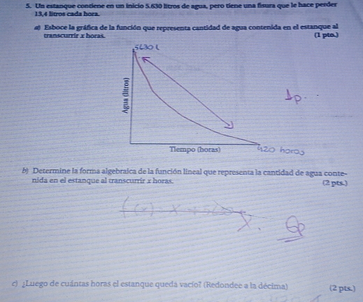 Un estanque contiene en un inicio 5.630 litros de agua, pero tiene una fisura que le hace perder
13,4 litros cada hora. 
#) Esboce la gráfica de la función que representa cantidad de agua contenida en el estanque al 
transcurrir x horas. (1 pto.) 
b) Determine la forma algebraica de la función lineal que representa la cantidad de agua conte- 
nida en el estanque al transcurrir x horas. (2 pts.) 
c) ¿Luego de cuántas horas el estanque queda vacío? (Redondee a la décima) (2 pts.)