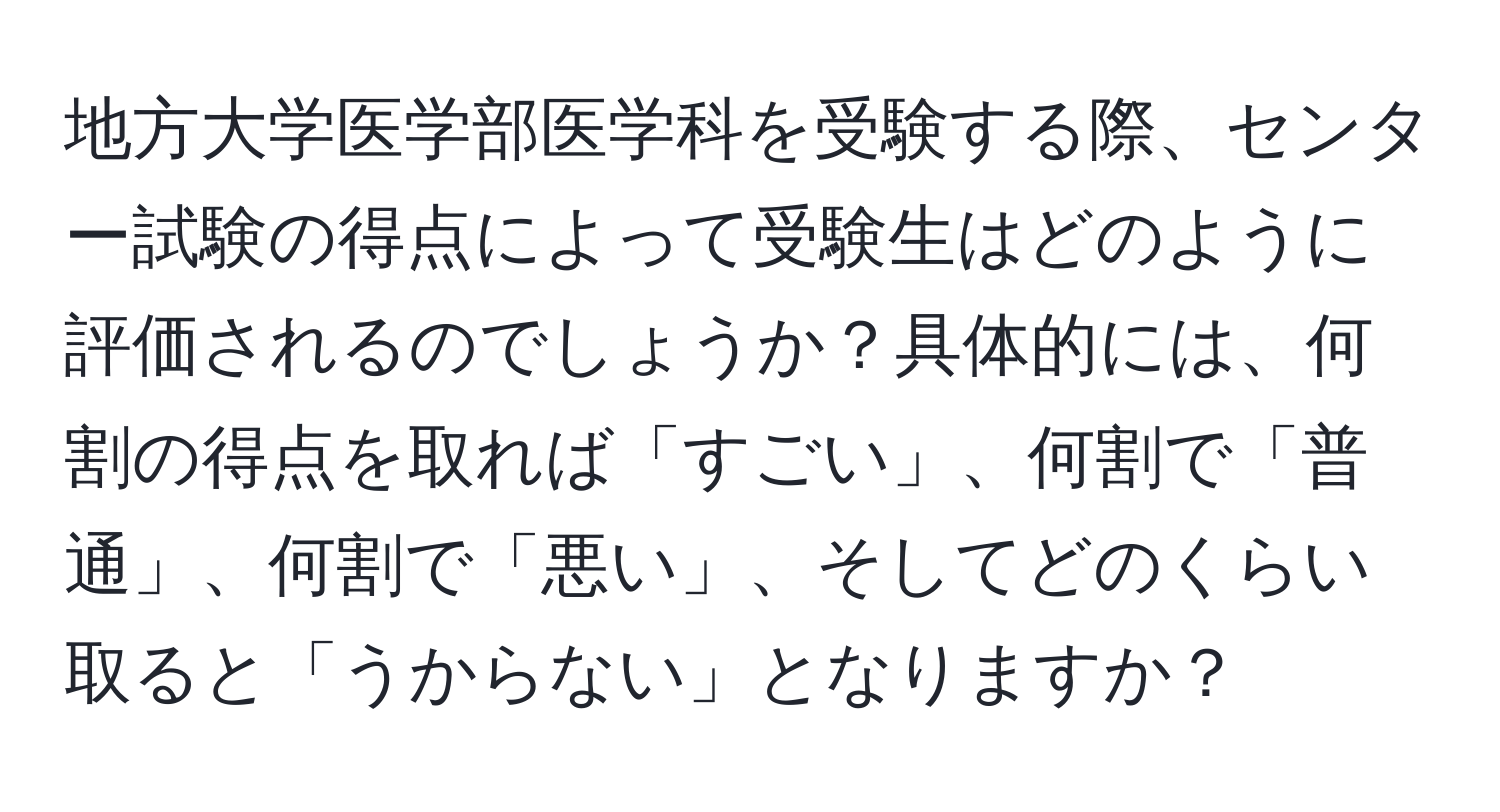 地方大学医学部医学科を受験する際、センター試験の得点によって受験生はどのように評価されるのでしょうか？具体的には、何割の得点を取れば「すごい」、何割で「普通」、何割で「悪い」、そしてどのくらい取ると「うからない」となりますか？