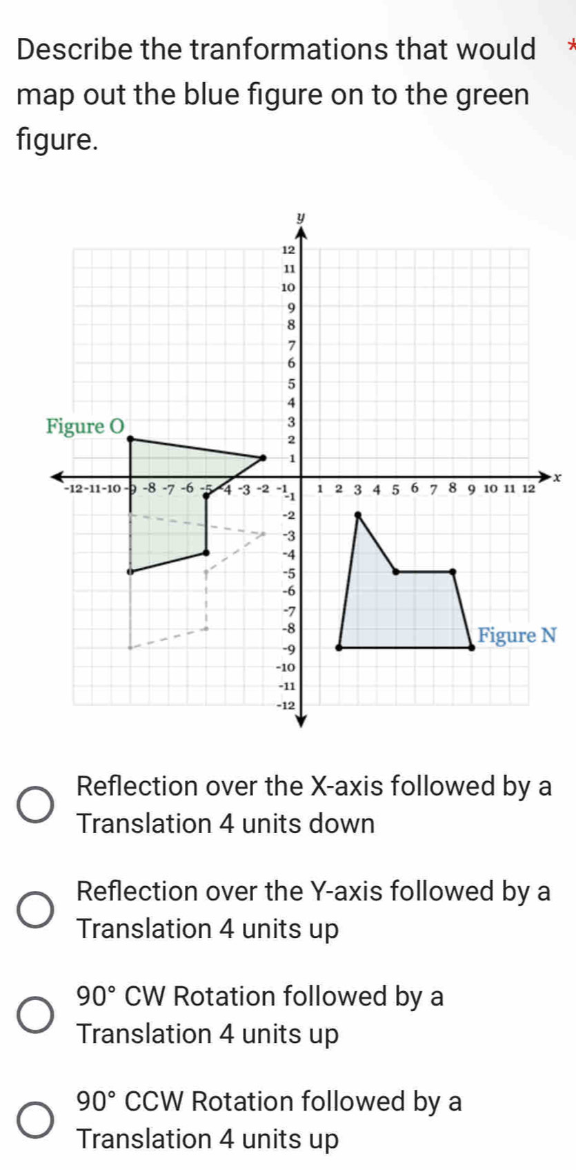 Describe the tranformations that would
map out the blue figure on to the green
figure.
Reflection over the X-axis followed by a
Translation 4 units down
Reflection over the Y-axis followed by a
Translation 4 units up
90° CW Rotation followed by a
Translation 4 units up
90° CCW Rotation followed by a
Translation 4 units up