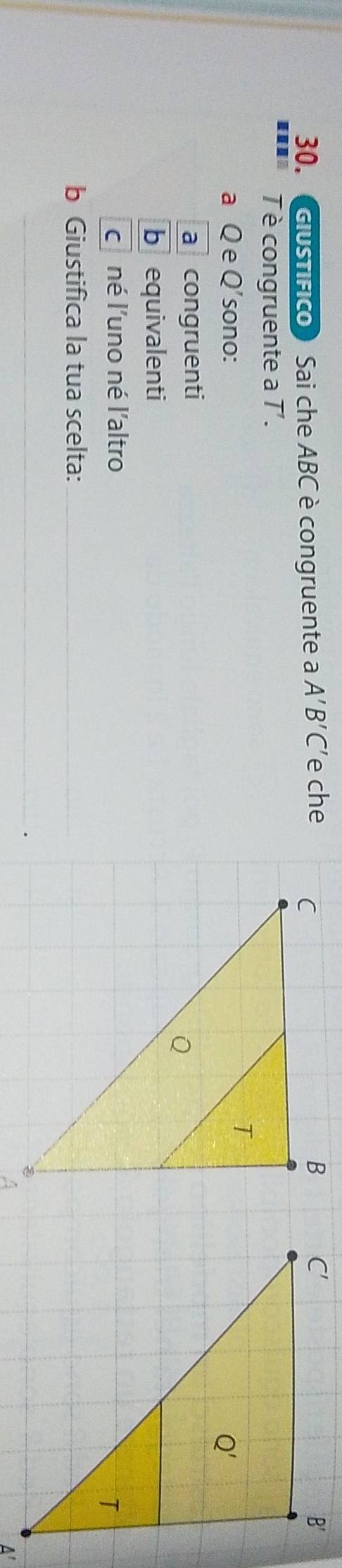 Giustífico) Sai che ABC è congruente a A'B'C' e che 
 
T è congruente a T'.
a Q e ∩ 'sono:
a i congruenti
b equivalenti
c né l'uno né l'altro
b Giustifica la tua scelta:_
_
A'