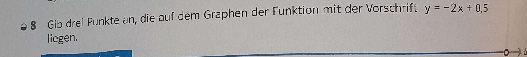 Gib drei Punkte an, die auf dem Graphen der Funktion mit der Vorschrift y=-2x+0,5
liegen.