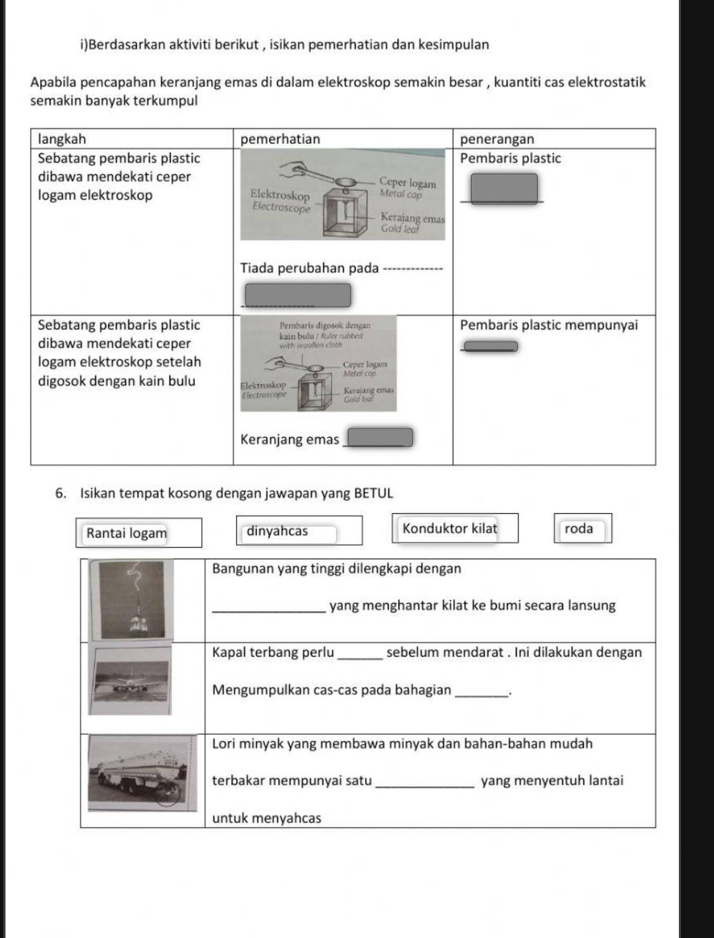 Berdasarkan aktiviti berikut , isikan pemerhatian dan kesimpulan 
Apabila pencapahan keranjang emas di dalam elektroskop semakin besar , kuantiti cas elektrostatik 
semakin banyak terkumpul 
6. Isikan tempat kosong dengan jawapan yang BETUL 
Rantai logam dinyahcas Konduktor kilat roda 
Bangunan yang tinggi dilengkapi dengan 
_yang menghantar kilat ke bumi secara lansung 
Kapal terbang perlu_ sebelum mendarat . Ini dilakukan dengan 
Mengumpulkan cas-cas pada bahagian_ _. 
Lori minyak yang membawa minyak dan bahan-bahan mudah 
terbakar mempunyai satu_ yang menyentuh lantai 
untuk menyahcas