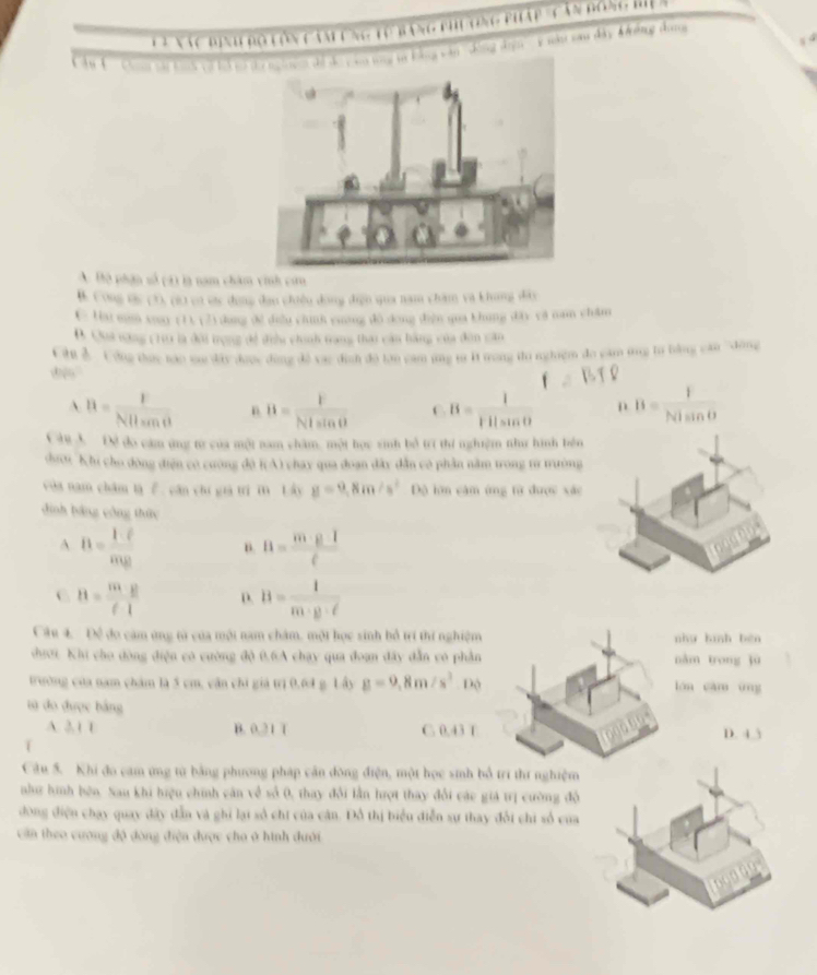 Cà Vàc định ro lôn căm ung từ bang phương pháp - căn đồng hiệ n
ng vận '''đóng đaợn''' ý àu vau đây đhởng đang
A. Bộ phạn số cái là nam châm vinh cứn
B. Công vc (3. (83 eó vác đụng đan chiều dong điện qua năm chăm và khung dây
C Hai mn xuay (1) (2) dong dề diều chnnh yuang dô dong diện qua khung dày yá nam chám
B. Qua săng crua là đội trọng đề đìnu chính trang thai câu bằng của đôn căn
Cu 2 Cứng thục tào vu dây được dụng đề vay dịnh đo lớn cam gng to Ht ưong to nghiệm đo cam tng to bằng can dông
F = BT D
A a= F/NHsin θ   n B= F/NIsin θ   C B= 1/111sin θ   B= I/NIsin θ  
Chi A. Đề đo cám ứng từ của một nam châm, một học sinh bổ trí thí nghiệm như hình bên
dười Khi cho động điện có cường độ K(A) chay qua đoạn đây dẫn có phần nằm trong từ trường
vớa nam chăm là 7. căn chi giả trì m Lây y=9,8m/s^2 Độ lớn căm ứng từ được xão
đình bằng công thức
A B= Irho /mg  n. n= mgI/ell  
C B= mg/e1  D. B= 1/m· g· t 
Câu 4. Đề đo cảm ứng từ của mội nam châm, một học sinh bổ trí thí nghiệm nhu hinh běn
dưới. Khi cho đòng điện có cường độ 0.6A chạy qua đoạn đây dẫn có phần năm trong jū
trường của nam chám là 5 cm, cận chi giá trị 0.61 g. Lấy g=9,8m/s^2 Dộ án càn tng
t đo được bằng
A. 2. 1 1 B. 0.217 C. 0.43 T
T D. 4 3
Câu 5. Khi đo cam ứng tử bằng phương pháp căn đông điện, một học sinh bổ trí thí nghiệm
ahư hình bên. Sau khi hiệu chính cán về số 0, thay đổi lần hượt thay đổi các giá trị cường độ
dong điện chạy quay đây dẫn và ghỉ lại số chi của căn. Đồ thị biểu diễn sự thay đổi chi số cua
cần theo cương độ đòng điện được cho ở hình dưới