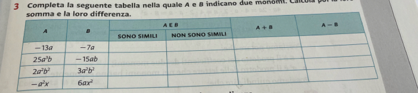 Completa la seguente tabella nella quale A e B indicano due monómi. Calcula