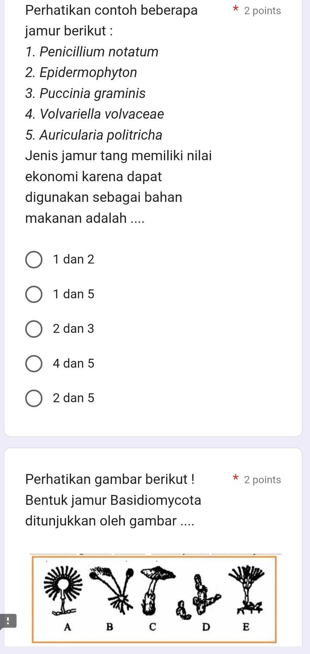 Perhatikan contoh beberapa 2 points
jamur berikut :
1. Penicillium notatum
2. Epidermophyton
3. Puccinia graminis
4. Volvariella volvaceae
5. Auricularia politricha
Jenis jamur tang memiliki nilai
ekonomi karena dapat
digunakan sebagai bahan
makanan adalah ....
1 dan 2
1 dan 5
2 dan 3
4 dan 5
2 dan 5
Perhatikan gambar berikut ! 2 points
Bentuk jamur Basidiomycota
ditunjukkan oleh gambar ....