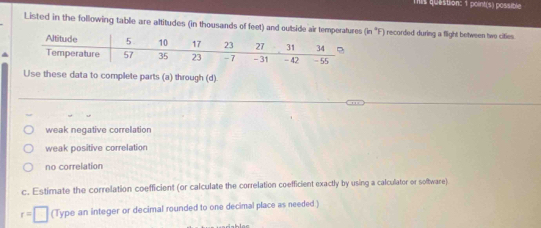 This question: 1 point(s) possible
Listed in the following table are altitudes (in thousands of feet) and outside air tem (in°F ) recorded during a flight between two cities.
Use these data to complete parts (a) through (d).
_
_
weak negative correlation
weak positive correlation
no correlation
c. Estimate the correlation coefficient (or calculate the correlation coefficient exactly by using a calculator or software)
r=□ (Type an integer or decimal rounded to one decimal place as needed )