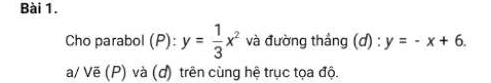 Cho parabol (P): y= 1/3 x^2 và đường thắng (ơ) : y=-x+6. 
a/ Vẽ (P) và (d) trên cùng hệ trục tọa độ.