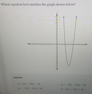 Which equation best matches the graph shown below?
Answer
y=4(x-3)(x-6) y=-4(x-3)(x-6)
y=-4(x+3)(x+6) y=4(x+3)(x+6)