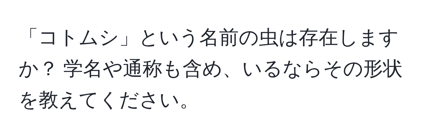 「コトムシ」という名前の虫は存在しますか？ 学名や通称も含め、いるならその形状を教えてください。