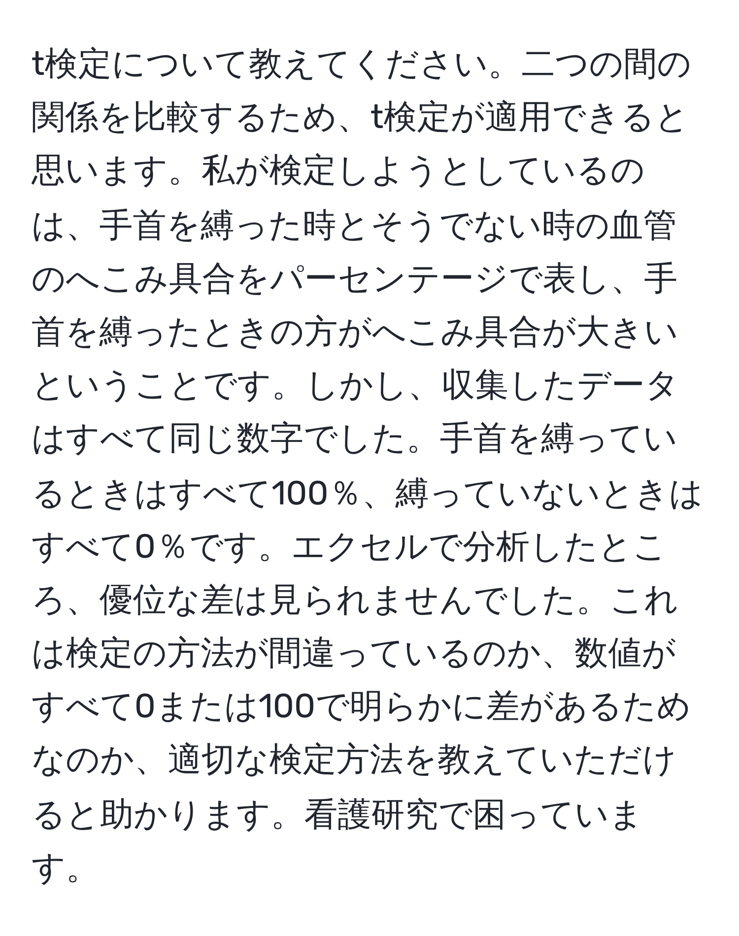 t検定について教えてください。二つの間の関係を比較するため、t検定が適用できると思います。私が検定しようとしているのは、手首を縛った時とそうでない時の血管のへこみ具合をパーセンテージで表し、手首を縛ったときの方がへこみ具合が大きいということです。しかし、収集したデータはすべて同じ数字でした。手首を縛っているときはすべて100％、縛っていないときはすべて0％です。エクセルで分析したところ、優位な差は見られませんでした。これは検定の方法が間違っているのか、数値がすべて0または100で明らかに差があるためなのか、適切な検定方法を教えていただけると助かります。看護研究で困っています。