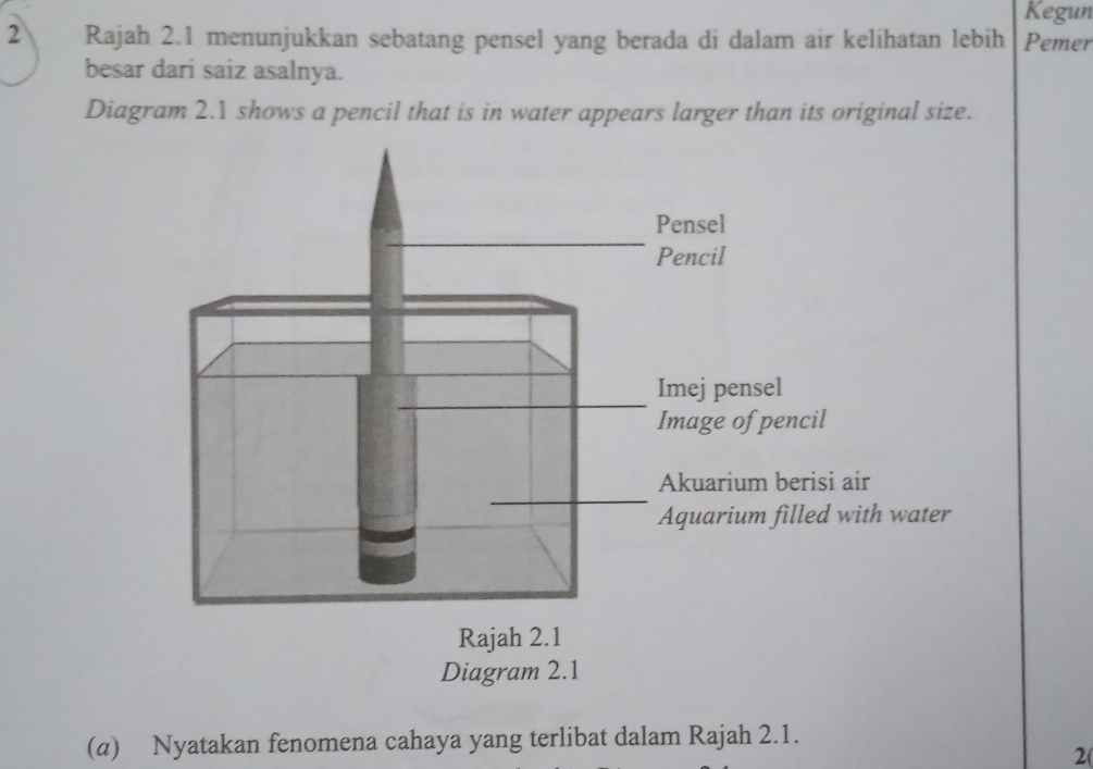 Kegun 
2 Rajah 2.1 menunjukkan sebatang pensel yang berada di dalam air kelihatan lebih Pemer 
besar dari saiz asalnya. 
Diagram 2.1 shows a pencil that is in water appears larger than its original size. 
(a) Nyatakan fenomena cahaya yang terlibat dalam Rajah 2.1. 
2(