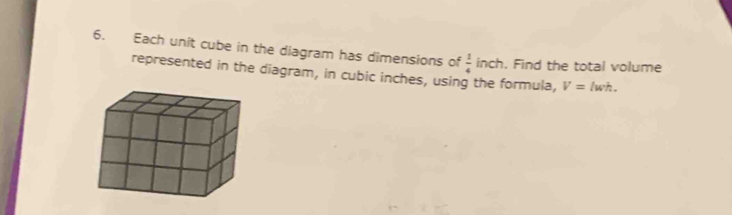 Each unit cube in the diagram has dimensions of  1/4  inch. Find the total volume 
represented in the diagram, in cubic inches, using the formula, V=lwh