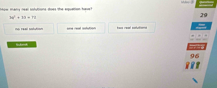 Video ⑥ Questions
How many real solutions does the equation have? answered
3q^2+33=72
29
no real solution one real solution two real solutions elapsed Time
00 35 15
Submit SmartScore
out of 100 @