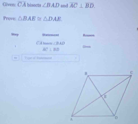 Given: overline CA bisects ∠ BAD and overline AC⊥ overline BD. 
Prove: △ BAE≌ △ DAE. 
Step Statement Reason 
CA hissets ∠ BAD
1 Given
AC⊥ BD
ts Type of Bistesent