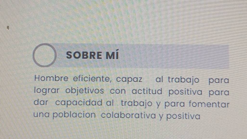 SOBRE Mí 
Hombre eficiente, capaz al trabajo para 
lograr objetivos con actitud positiva para 
dar capacidad al trabajo y para fomentar 
una poblacion colaborativa y positiva