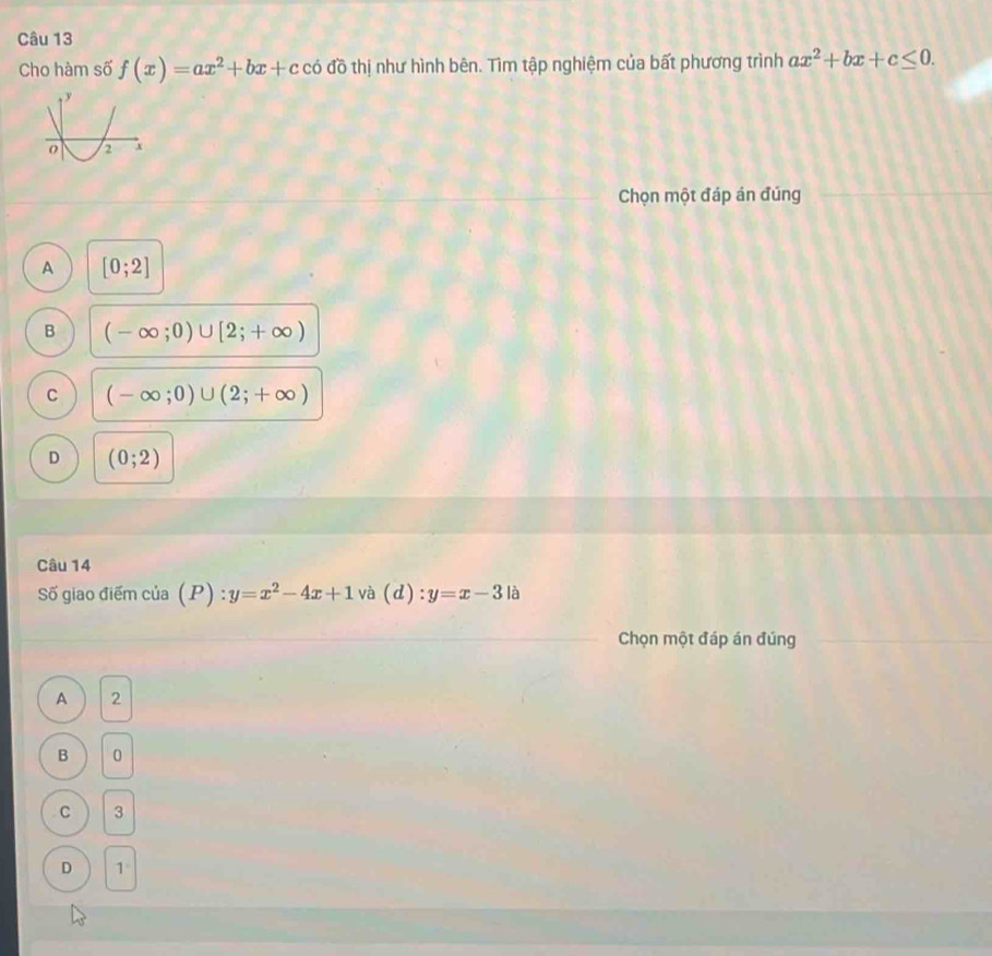 Cho hàm số f(x)=ax^2+bx+c có đồ thị như hình bên. Tìm tập nghiệm của bất phương trình ax^2+bx+c≤ 0. 
Chọn một đáp án đúng
A [0;2]
B (-∈fty ;0)∪ [2;+∈fty )
C (-∈fty ;0)∪ (2;+∈fty )
D (0;2)
Câu 14
Số giao điểm của (P): y=x^2-4x+1 và (d):y=x-3 là
Chọn một đáp án đúng
A 2
B 0
C 3
D 1