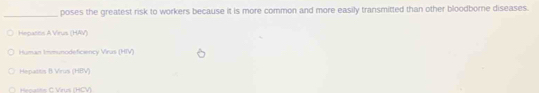 poses the greatest risk to workers because it is more common and more easily transmitted than other bloodborne diseases. 
Hepatits A Virus (HAV) 
Human Immunodeficiency Virus (HIV) 
Hepatitis B Virus (HBV) 
énaits C Vrus (HCV)