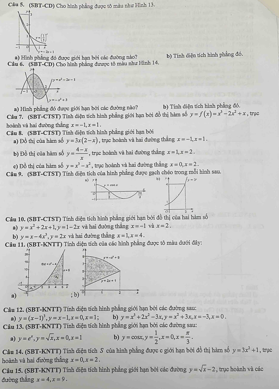 (SBT-CD) Cho hình phẳng được tô màu như Hình 13.
a) Hình phẳng đó được giới hạn bởi các đường nào? b) Tính diện tích hình phẳng đó.
Câu 6. (SBT-CD) ) Cho hình phẳng đưược tô màu như Hình 14.
y=x^2-2x-1
2
-1 0 x
y=-x^2+3
a) Hình phẳng đó được giới hạn bởi các đường nào? b) Tính diện tích hình phẳng đó.
Câu 7. (SBT-CTST) Tính diện tích hình phẳng giới hạn bởi đồ thị hàm số y=f(x)=x^3-2x^2+x , trục
hoành và hai đường thẳng x=-1,x=1.
Câu 8. (SBT-CTST) Tính diện tích hình phẳng giới hạn bởi
a) Đồ thị của hàm số y=3x(2-x) , trục hoành và hai đường thẳng x=-1,x=1.
b) Đồ thị của hàm số y= (4-x)/x  , trục hoành và hai đường thắng x=1,x=2.
c) Đồ thị của hàm số y=x^3-x^2 , trục hoành và hai đường thẳng x=0,x=2.
Câu 9. (SBT-CTST) Tính diện tích của hình phẳng được gạch chéo trong mỗi hình sau.
b)
Câu 10. (SBT-CTST) Tính diện tích hình phẳng giới hạn bởi đồ thị của hai hàm số
a) y=x^2+2x+1,y=1-2x và hai đường thẳng x=-1 và x=2.
b) y=x-4x^3,y=2x và hai đường thẳng x=1,x=4.
Câu 11. (SBT-KNTT) Tính diện tích của các hình phẳng được tô màu dưới đây:
 
Câu 12. (SBT-KNTT) Tính diện tích hình phẳng giới hạn bởi các đường sau:
a) y=(x-1)^3,y=x-1,x=0,x=1; b) y=x^3+2x^2-3x,y=x^2+3x,x=-3,x=0.
Câu 13. (SBT-KNTT) Tính diện tích hình phẳng giới hạn bởi các đường sau:
a) y=e^x,y=sqrt(x),x=0,x=1 b) y=cos x,y= 1/2 ,x=0,x= π /3 .
Câu 14. (SBT-KNTT) Tính diện tích S của hình phẳng được c giới hạn bởi đồ thị hàm số y=3x^2+1 , trục
hoành và hai đường thẳng x=0,x=2.
Câu 15. (SBT-KNTT) Tính diện tích hình phẳng giới hạn bởi các đường y=sqrt(x)-2 , trục hoành và các
đường thẳng x=4,x=9.