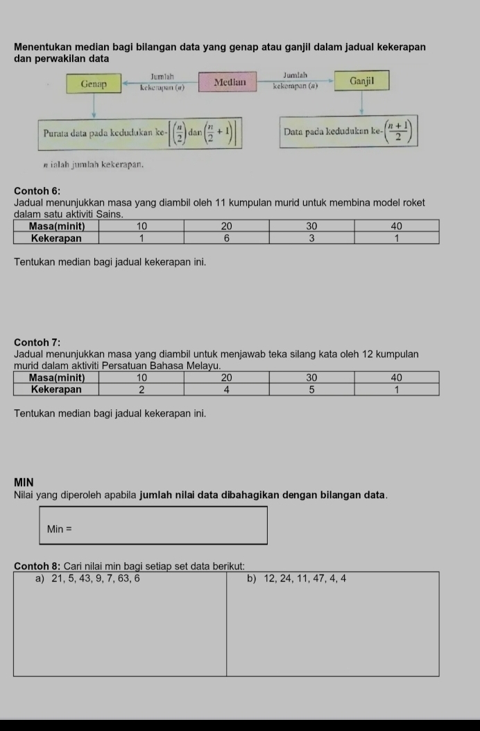 Menentukan median bagi bilangan data yang genap atau ganjil dalam jadual kekerapan 
dan perwakilan data 
Jumlah Median 
Jumlah 
Genap kekerapan (#) kekempan (a) Ganji1 
Purata data pada kedudukan k · ( n/2 ) dan ( n/2 +1)] Data pada kedudukan ke ( (n+1)/2 )
ialah jumlah kekerapan. 
Contoh 6: 
Jadual menunjukkan masa yang diambil oleh 11 kumpulan murid untuk membina model roket 
Tentukan median bagi jadual kekerapan ini. 
Contoh 7: 
Jadual menunjukkan masa yang diambil untuk menjawab teka silang kata oleh 12 kumpulan 
Tentukan median bagi jadual kekerapan ini.
MIN
Nilai yang diperoleh apabila jumlah nilai data dibahagikan dengan bilangan data.
Min=
Contoh 8: Cari nilai min bagi setiap set data berikut: 
a) 21, 5, 43, 9, 7, 63, 6 b) 12, 24, 11, 47, 4, 4